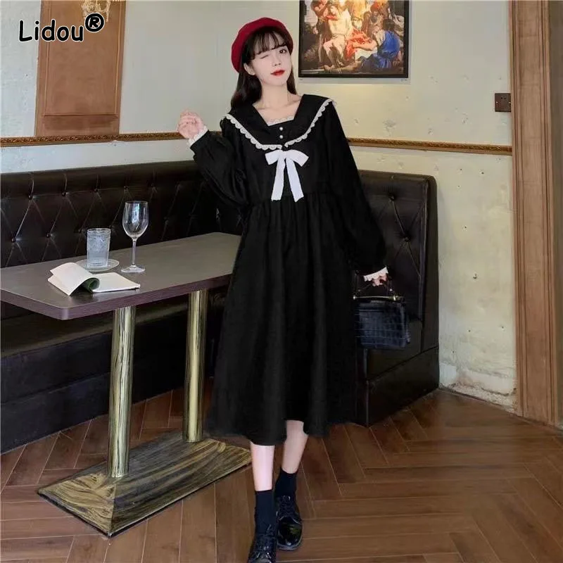 

Vintage Preppy Style Bow Chiffon Mid-calf Dresses Sailor Collar Patchwork Lace Pullover Spring Summer Women's Clothing Lively
