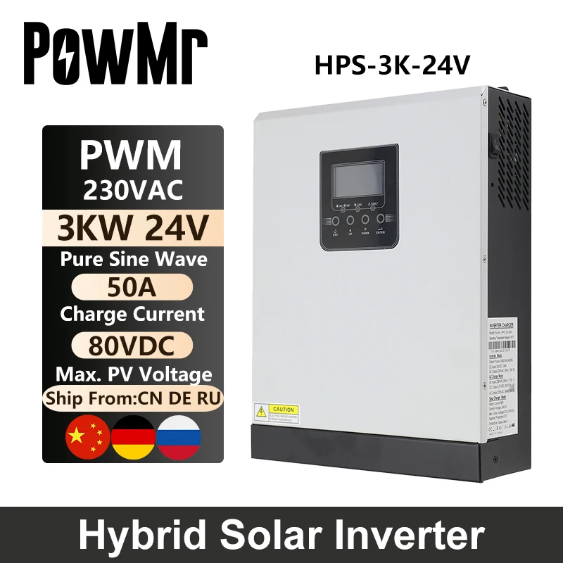 

PowMr 3000W 2400W Pure Sine Wave Hybrid Solar Inverter 24V PV Input 80VDC 220VAC Output Build In 50A PWM Solar Charge Controller