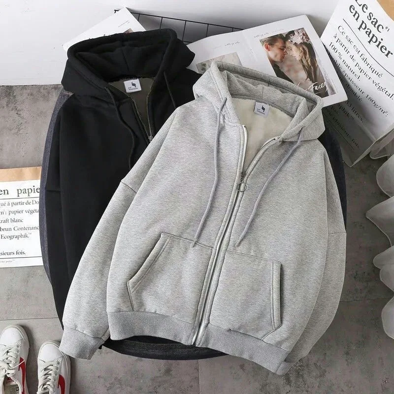 Couple Korean Style Hoody Zip-up Warm Oversized Solid Pocket Hooded Sweatshirts Autumn Long Sleeve Loose Baseball Jacket Summer
