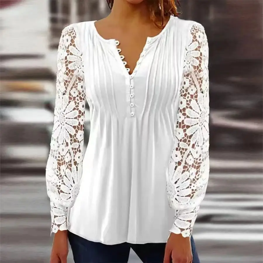 

Fashion V Neck Print Shirts Women Elegant Hollow Out Lace Blouse Long Sleeve Tops Solid Vintage Casual White Shirt Blusas 25958