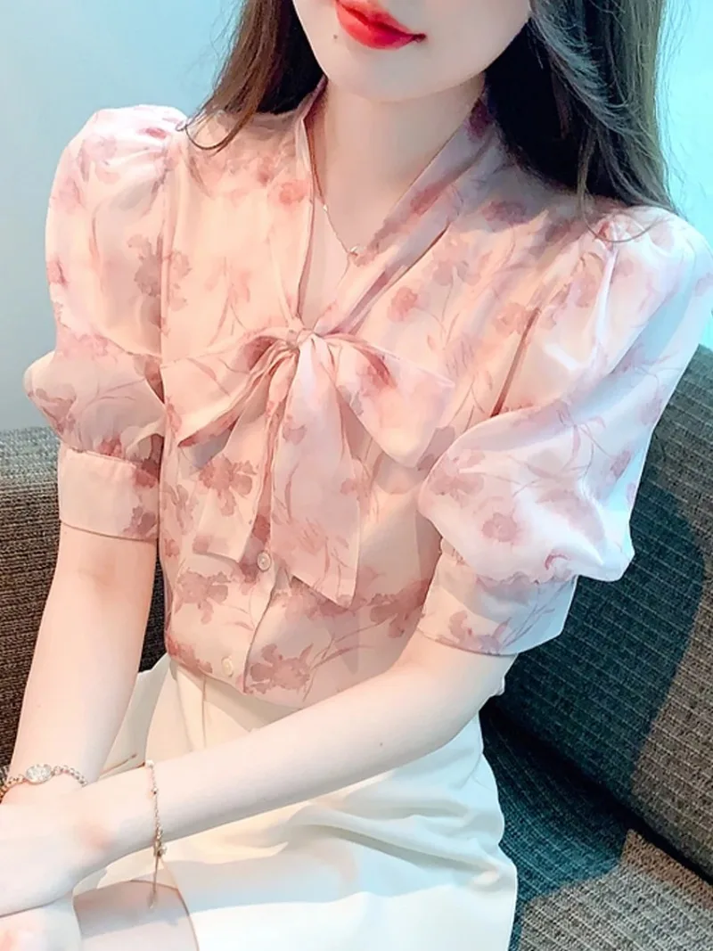 Летние женские Топы с бантом на воротнике шифоновая блузка принтом рубашка