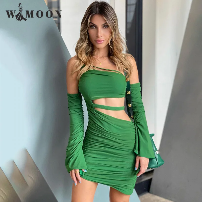 

Long Sleeve Off Shoulder Hollow Out Pleated Dress Autumn New Women Y2k Strecth Sexy Club Flare Sleeve Asymmetrical Party Dress