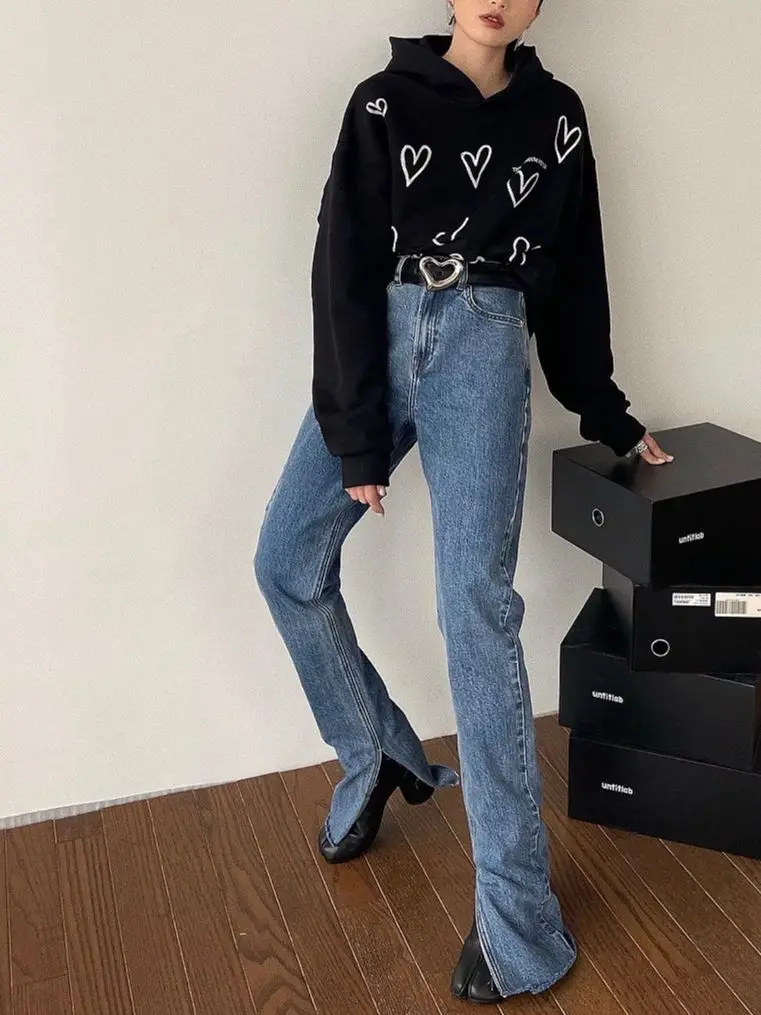 

Женские джинсы с высоким разрезом, универсальные облегающие джинсы с высокой талией, 2 цвета, осень 2022