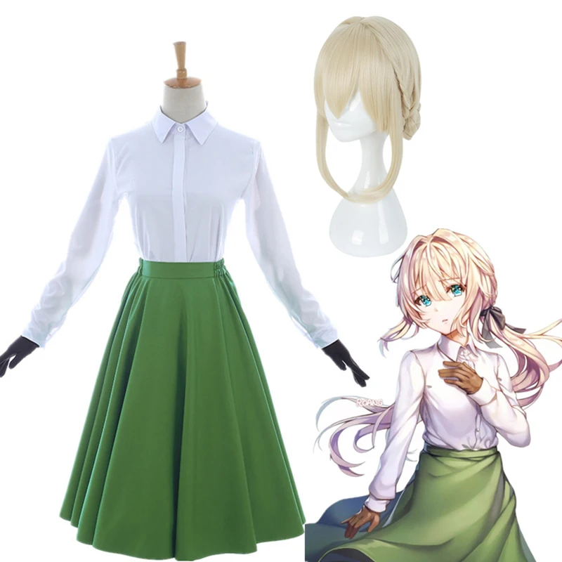 

Violet Evergarden Anime Cosplay Costumes Green Shirt Dress Heat Resistant Synthetic Wig Suit Halloween Role Play Costume Women