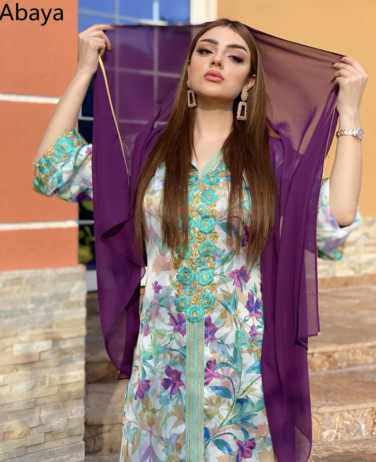 

Elegant Dubai Abaya Dress For Women Vestidos Musulmanes Fashion Print Hooded Evening Dress Arabic Robe Long Sleeves Party Gown