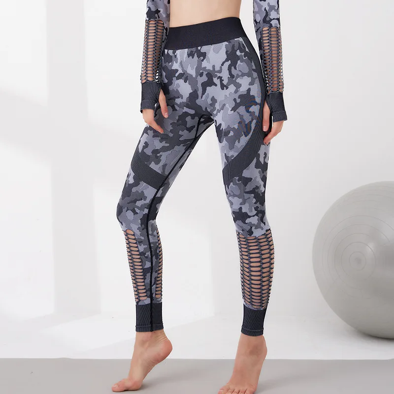 New Camouflage Yoga Leggings Women Mesh Hole Breathable Tight Fitness Pants Fashion European and American Sports Trousers