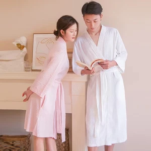 Men's Homewear Couple Nightgown Pajamas Bathrobe Cotton Women'sSolid Color Casual House Robe Kimono 