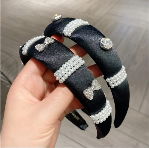 

2022 Women hairbands Hair hoop black satin pearl hair hoop new all season hairbands
