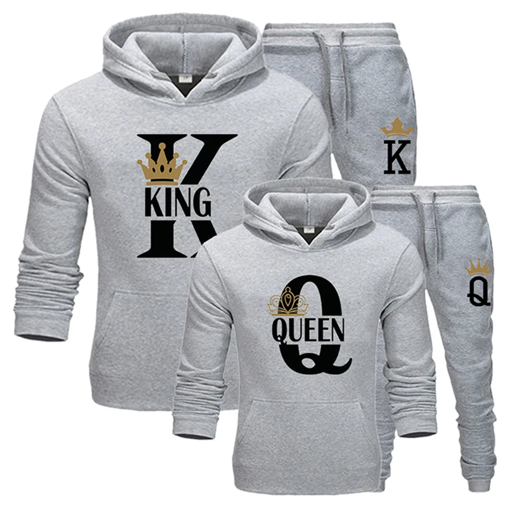

NEW 2022 Fashion Lover Couple Sportwear Set KING QUEEN Printed Hooded Clothes 2PCS Set Hoodie and Pants Plus Size Hoodies Women