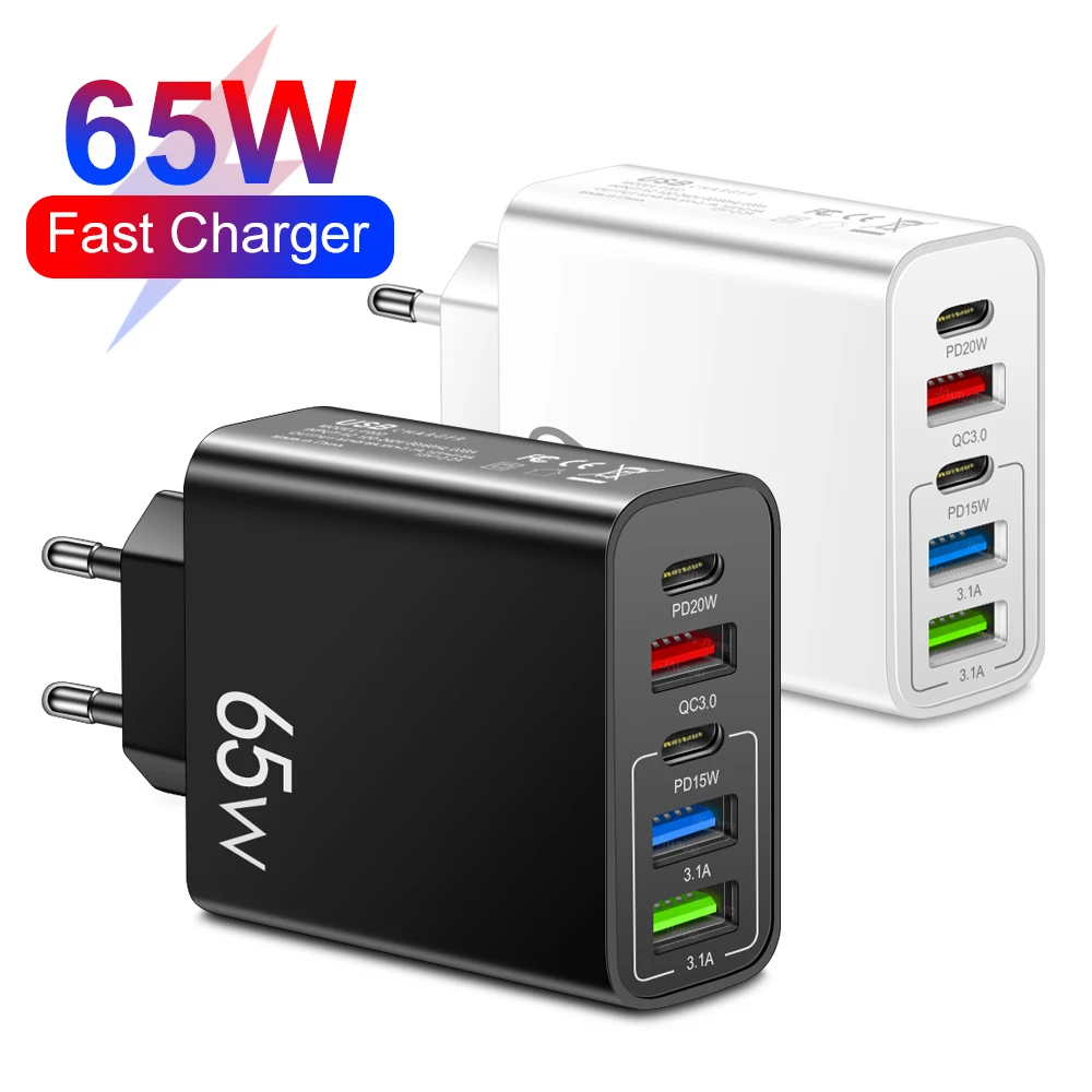 USB Charger 65W Fast Charging Type C Quick Charger 3.0 5 Ports Phone Charger Adapter For iPhone 14 13 Samsung Xiaomi 12 Poco