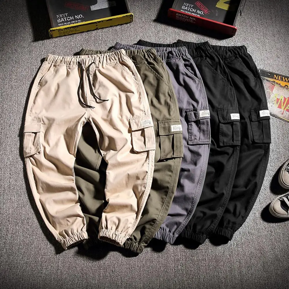 

Trendy Men Trousers Solid Color Ankle Length Frim Stitching Elastic Waist Ankle-banded Men Trousers