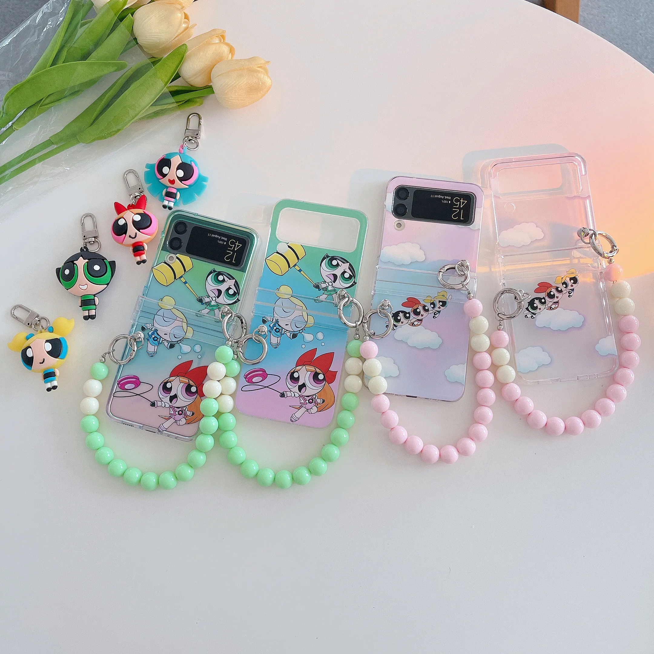 

Powerpuff Girls3D doll hand Bracelet Phone Case For Samsung Galaxy Z Flip 3 4 5G ZFlip3 ZFlip4 Flip3 Flip4 transparent Cover