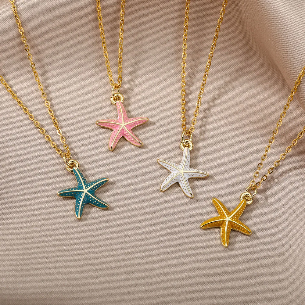 

Pink Blue Starfish Pendant Necklace For Women Stainless Steel Gold Color Necklaces Retro Boho Aesthetic Jewelry collares mujer