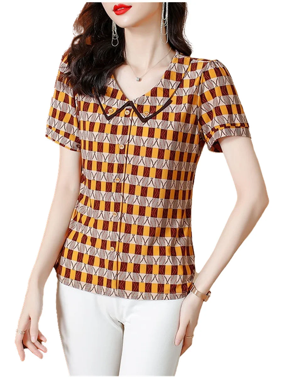 

Блузка женская с коротким рукавом и отложным воротником, в полоску, CT0717