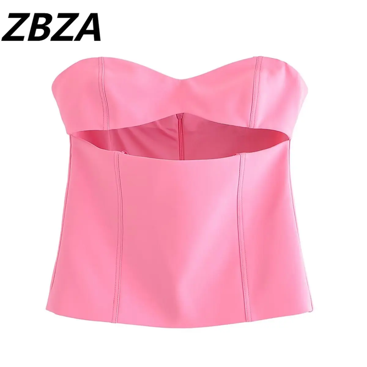 

ZBZA Women 2023 New Fashion Summer Pink Colour Heart Collar Open Design Tube Top Tops Vintage Backless Female Chic Tops