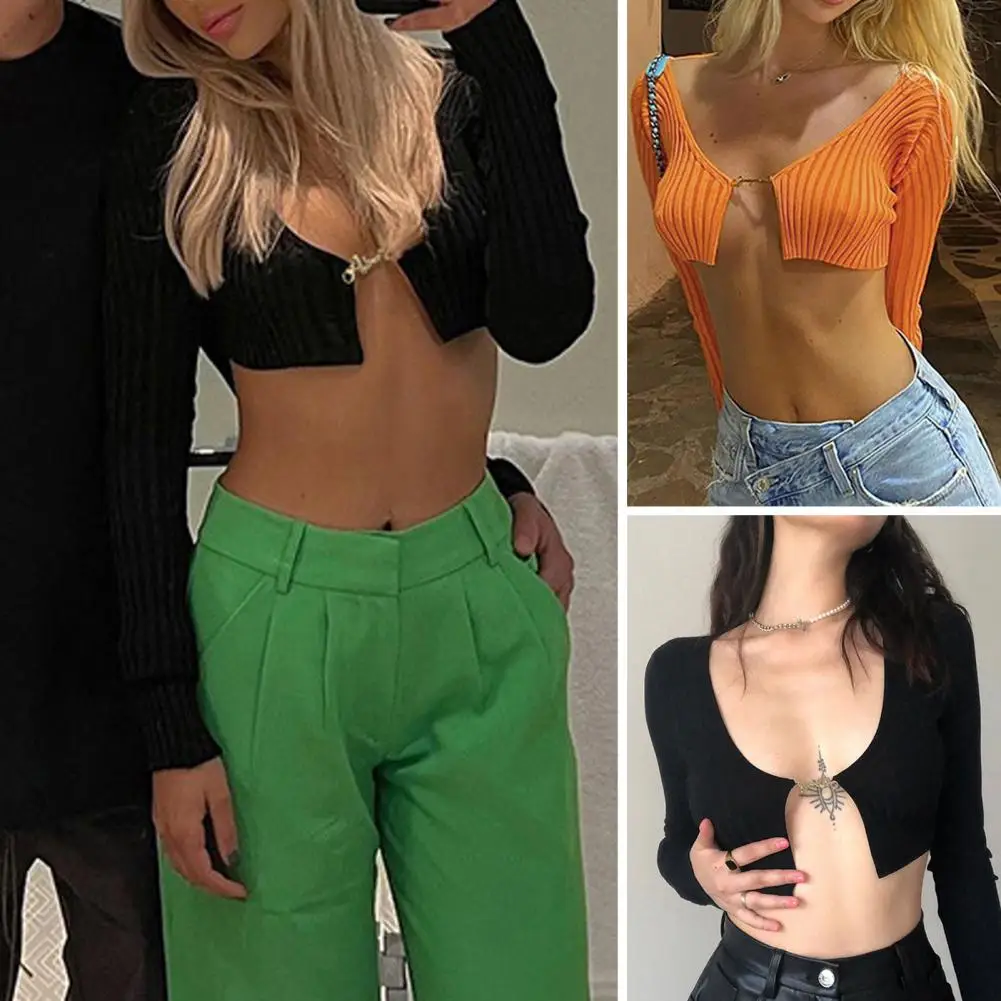 

Autumn New Solid Long sleeve Sleeve T-Shirts Open Front Crop Tops Turtleneck Sexy Party Clubwear Female Outfits Hot