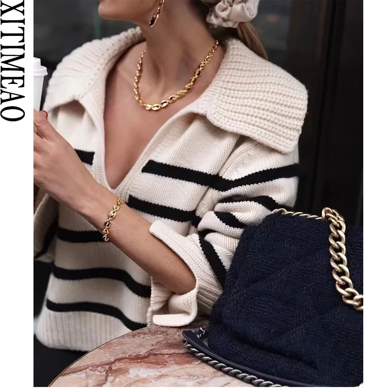 

Xitimeao новые осенние женские свободные свитера в полоску с V-образным вырезом пуловеры Теплые минималистичные цвета подходящая вязаная рубаш...