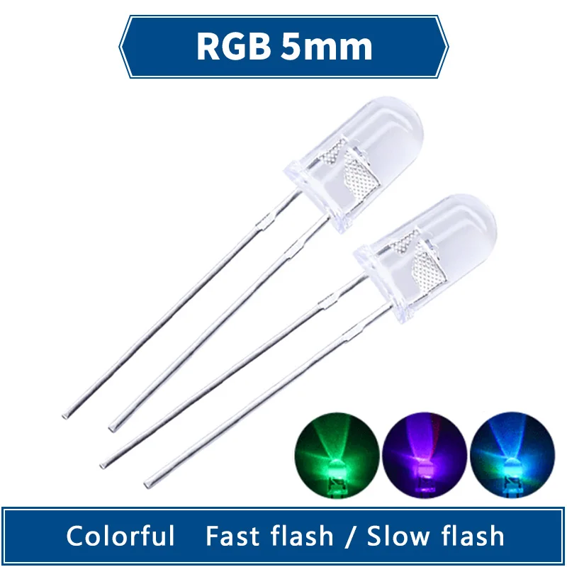 

1000pcs f5 lamp beads RGB 5mm colorful transparent flash, fast flash/slow flash, light-emitting diode, seven-color self-flashing