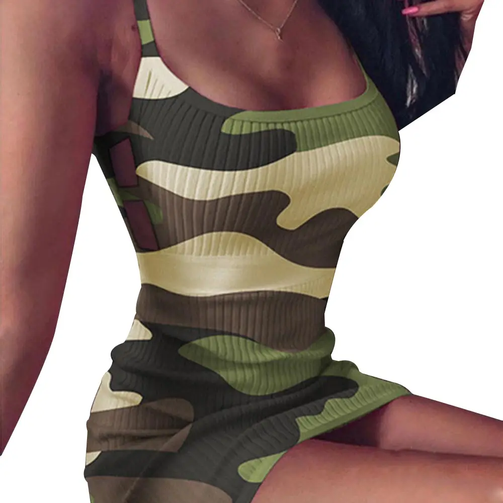 

2022 Summer Sexy Women Camo Print Spaghetti Strap Mini Dress Sleeveless Bodycon A-line Tank Dress For Female Sheath Short Dress