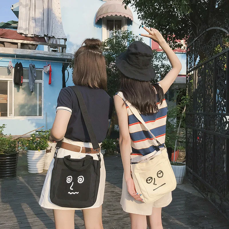

Japanese Ins Student School Canvas Bag Simple Fashion Messenger Bag Female Cartoon Printing Small Women Shoulder Put Book Laptop
