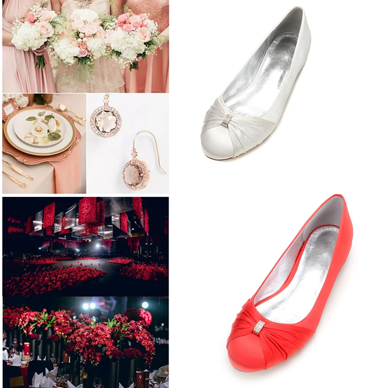 

Womens Satin Round Toe Bridesmaid Flats Casual Slip-On Evening Party Shoes Elegant Bride Wedding Low Heels
