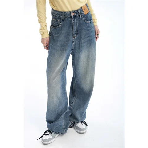 Women Blue Jeans Contrasting Colors High Waist American Street Wide Leg Pants Fashion Baggy Vintage Straight Autumn New Trousers