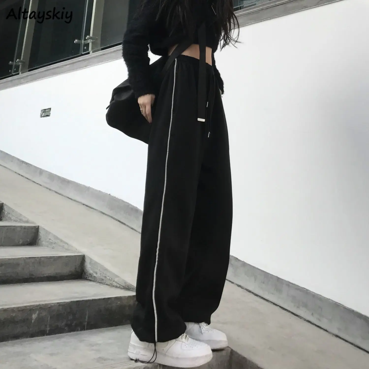 

New Casual Pants Women Bundle Feet Trousers Design Loose Wide Leg Drawstring Streetwear Joggers Ulzzang BF Popular All-match