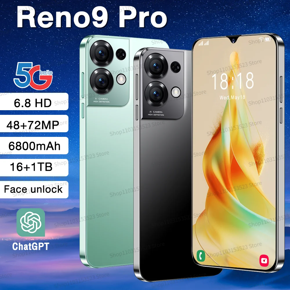 

New S24 Global Version Reno9 Pro Smartphone 5G Android 6.8inch HD Full Screen 16GB+1TB Mobile Phones Dual SIM Cards Cell Phone