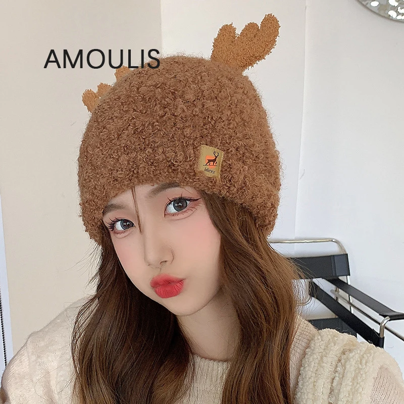

AMOULIS Christmas Cute Antlers Skullies Beanies for Women Knitted Winter Hat Female Outdoor Keep Warm Melon Cap Christmas Hats