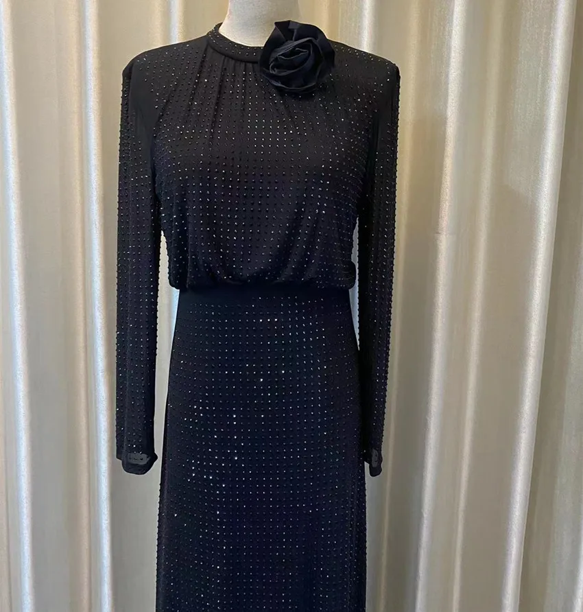 Женское длинное облегающее платье со стразами Элегантное Черное вечернее с