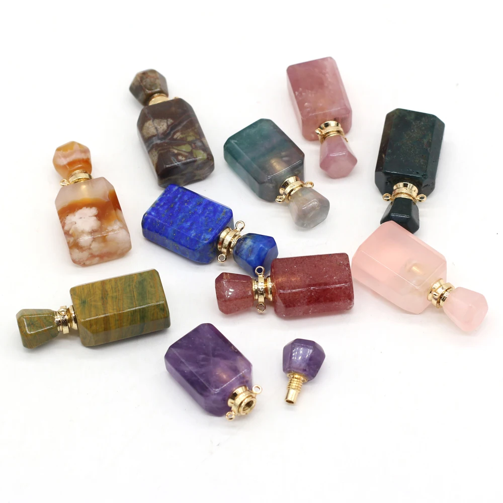 

Natural Stone Agate Amethyst Rose Quartzs Perfume Bottle Diffuser Pendant For Jewelry Making DIY Necklace Accessories Charm Gift