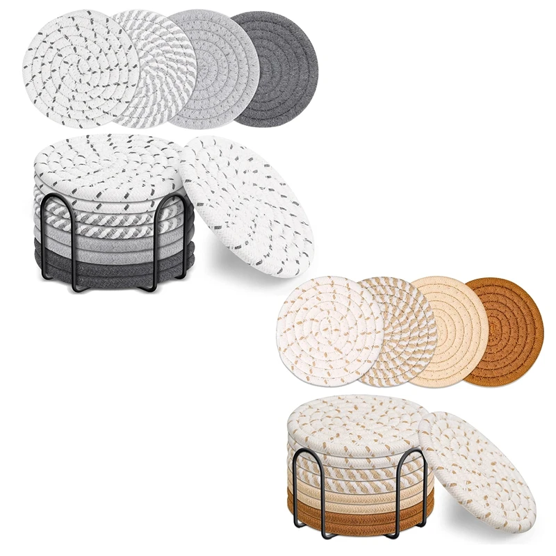 

8 Pcs Drink Coasters With Holder, 4 Colors Absorbent Coasters For Drinks, Cotton Woven Coaster Set For Home Decor