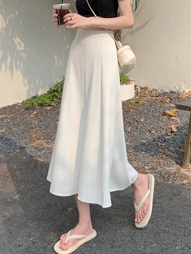 

Women Fashion Casual Midi Skirts Skirts 2022 Spring Summer Office Lady High Waist Vintage Chic Solid A-line Skirt