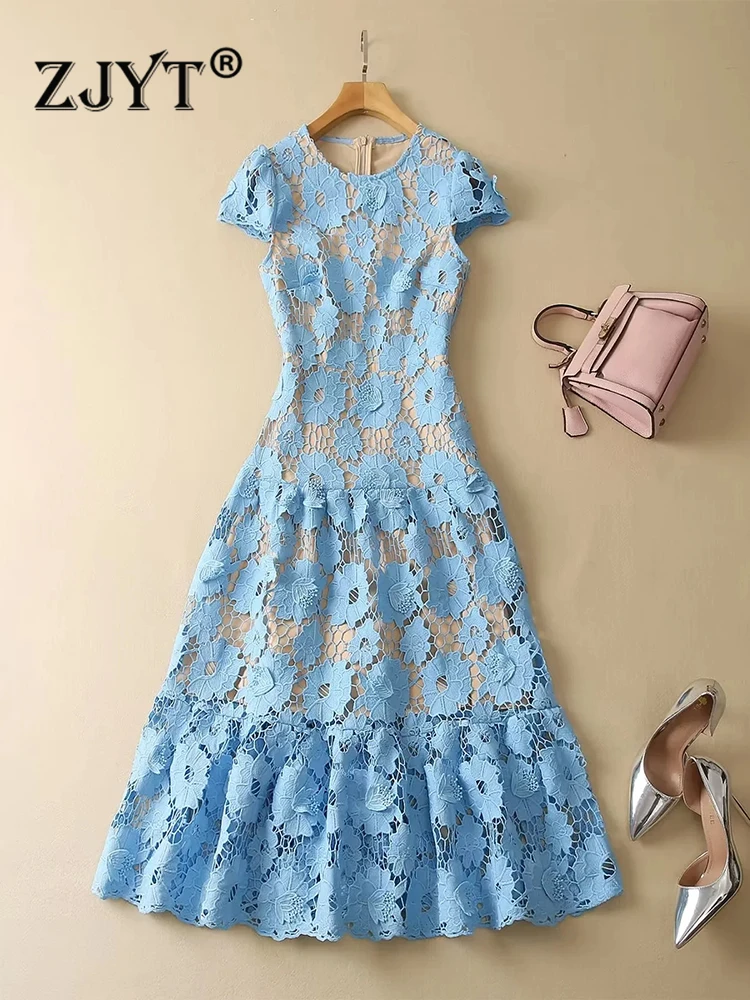 ZJYT Runway 2023 Spring Summer Hollow Out Embroidery Lace Party Dress for Women Elegant Short Sleeve Midi Vacation Vestidos Blue