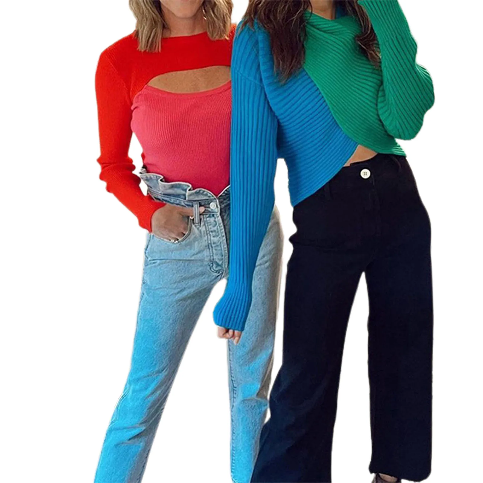 

Women's Rib Knit Slim Tops, Crew Neck Cut-out Long Sleeve Contrast Color Patchwork T-shirts Pullover
