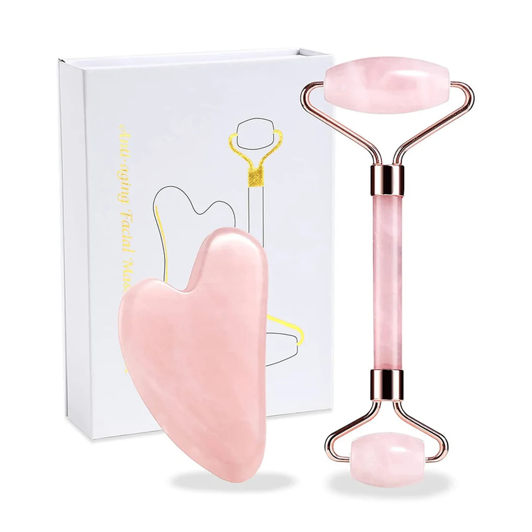 

Natural Rose Quartz Jade Stone Roller and Gua Sha Kits Best Gift for Women Facial Massage for Face Lifting Skin Neck Eye massage