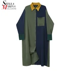 Новинка 2020, Осеннее женское Повседневное платье-рубашка с длинными рукавами синего и зеленого цвета в стиле пэчворк, с карманами, женское прямое платье миди, стиль vestidos 6636