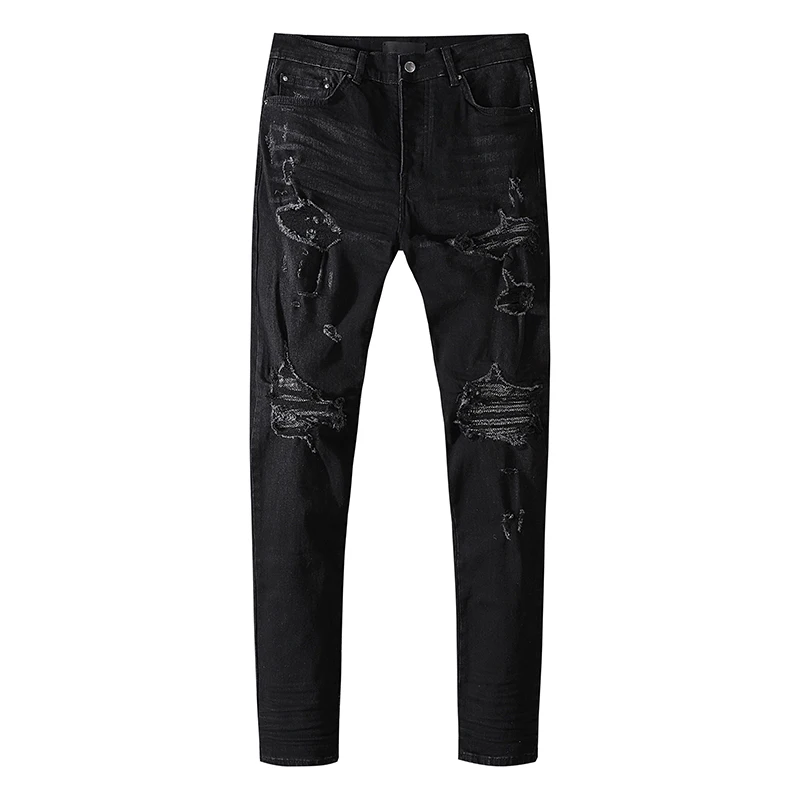 

AM Fashion Brand Men's Jeans High Street Punk Black Irregular Hole Beggar Pants Men's Patch Stretch Slim Fit Moto Trousers