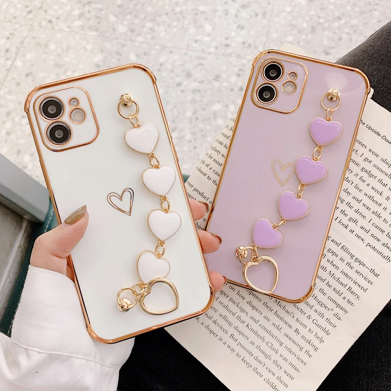 

Однотонный чехол для телефона с браслетом в виде сердца для iPhone 11 12 Pro Max X XR Xs Max, мягкий модный чехол из ТПУ для iPhone 7 8 Plus