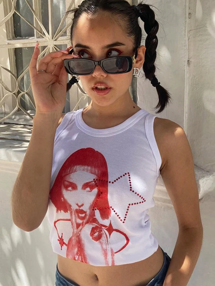 

Sifreyr Graphic Printed Y2K Cropped Tanks Women Causal Round Neck Sleeveless Navel Crop Tops Grunge Fairycore Clothes Vest Tees