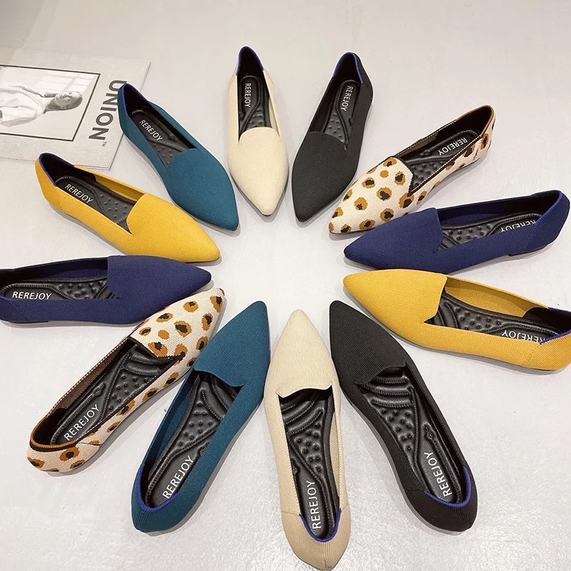 Princess Shoes 2022 New Pointed Women's Flat Shoes Leopard Knitted Shallow Beanie Shoes Breathable Ballet Shoes Zapatos De Mujer