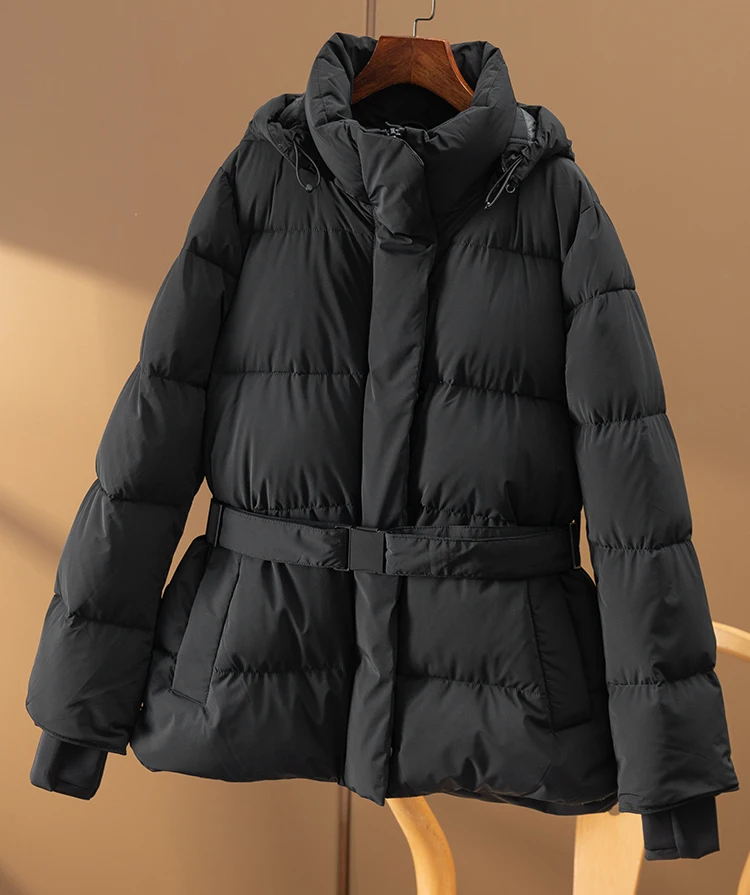 Sporty Style 95%  White Duck Down Jacket Women Winter Zipper Hat Detachable Adjustable Waist  Coat  Puffer Jacket