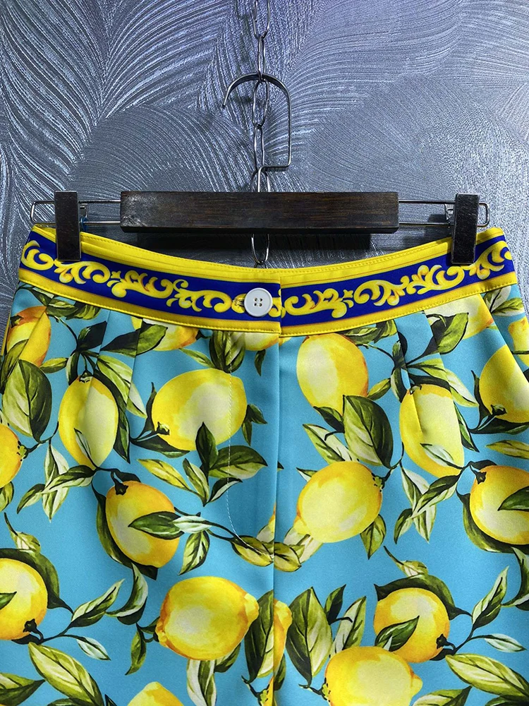 DLDENGHAN Green Suit Summer Spring New Fashion Design Women Runway Shirt Tee + Shorts Vintage Sicily Lemon Flowers Print Casual enlarge