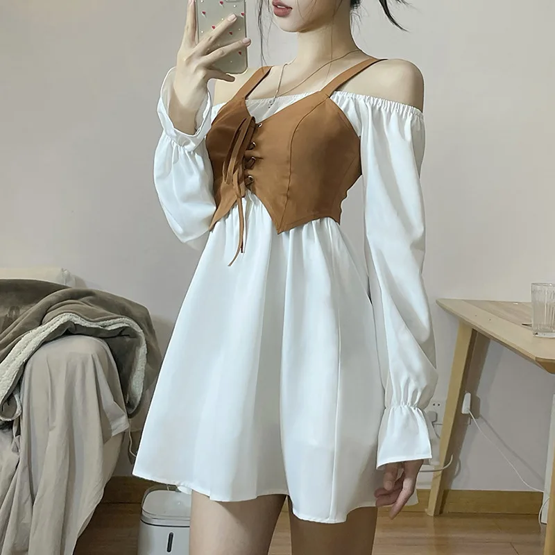 

French Romantic Elegant Fairy Slim Dresses For Women's 2022 Clothing 2 Two Piece Tube top Off shoulder Mini Causal Dress Female