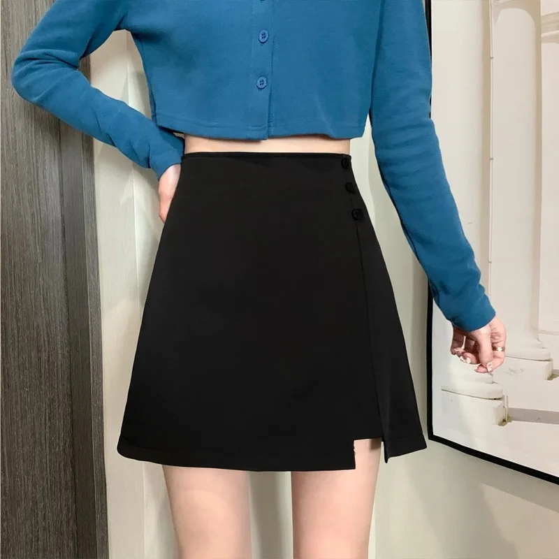 

New Fashion Female Casual Button Patchwork High Waist A-line Mini Short Skirt Women Summer Solid Color Elegant Office Lady Skirt
