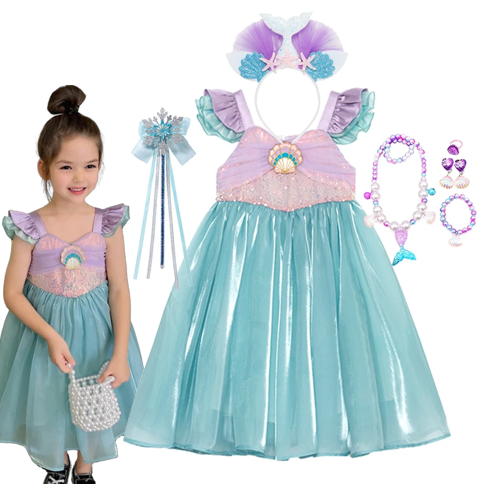Летнее Платье Принцессы Ариэль Для Девочек В Корейском Стиле С Летящими Рукавами