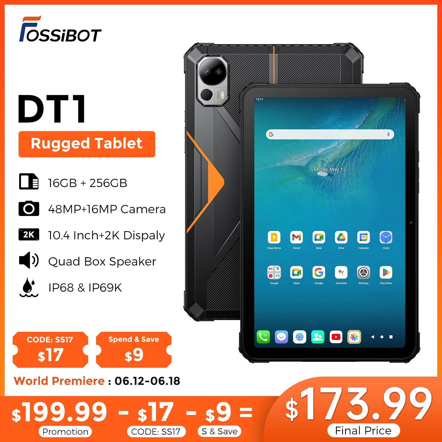 FOSSiBOT DT1 Rugged Tablet 10.4'' 2K Display 8GB 256GB 11000mAh 16MP+48MP Camera Tablet Android 13 Four Hi-Res Speakers Pad