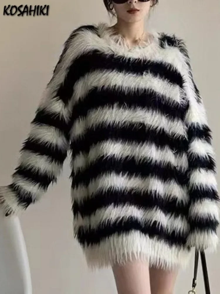 Женский винтажный пуловер оверсайз Y2k Осенний свободный джемпер в полоску