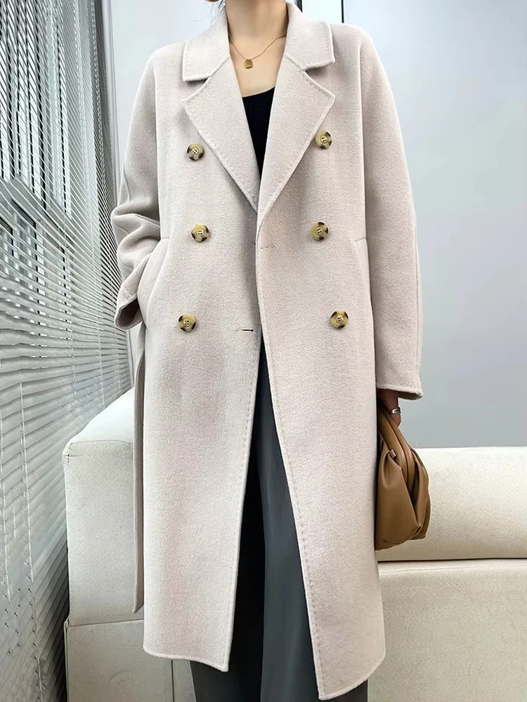 Модное женское пальто из 90% шерсти с лацканами свободное двубортное длинными