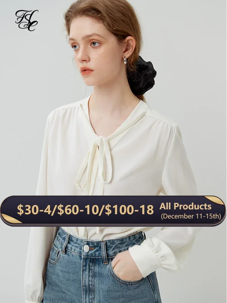 

FSLE French Ladylike Style Light Long-sleeved Chiffon Lace-up Shirt for Women Autumn New Temperament V-neck Streamer Top Female